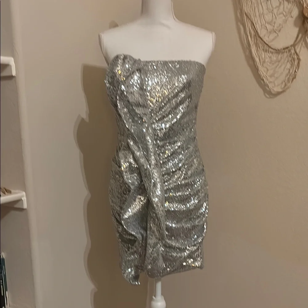 Silver Sequin Strapless Party Dress - Picture 1 of 7